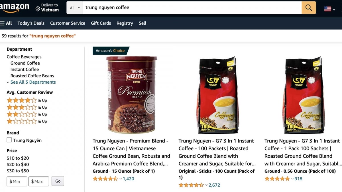 Các mặt hàng của Trung Nguyên Legend trên sàn Amazon.